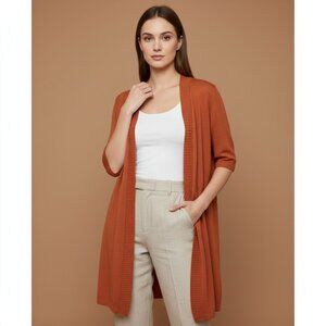 Eileen Fisher Womens Large Silk Elbow Sleeve Orange Open Long Line Cardigan CN